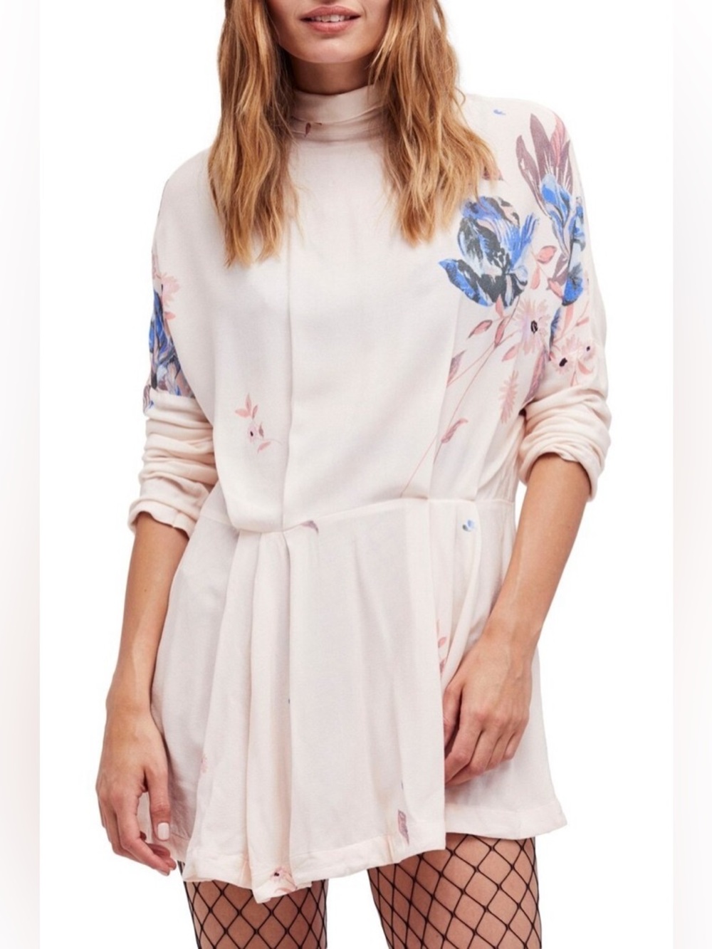 Free People Gemma Ivory Tunic Mini Dress Floral Multi Mock Neck Open Back